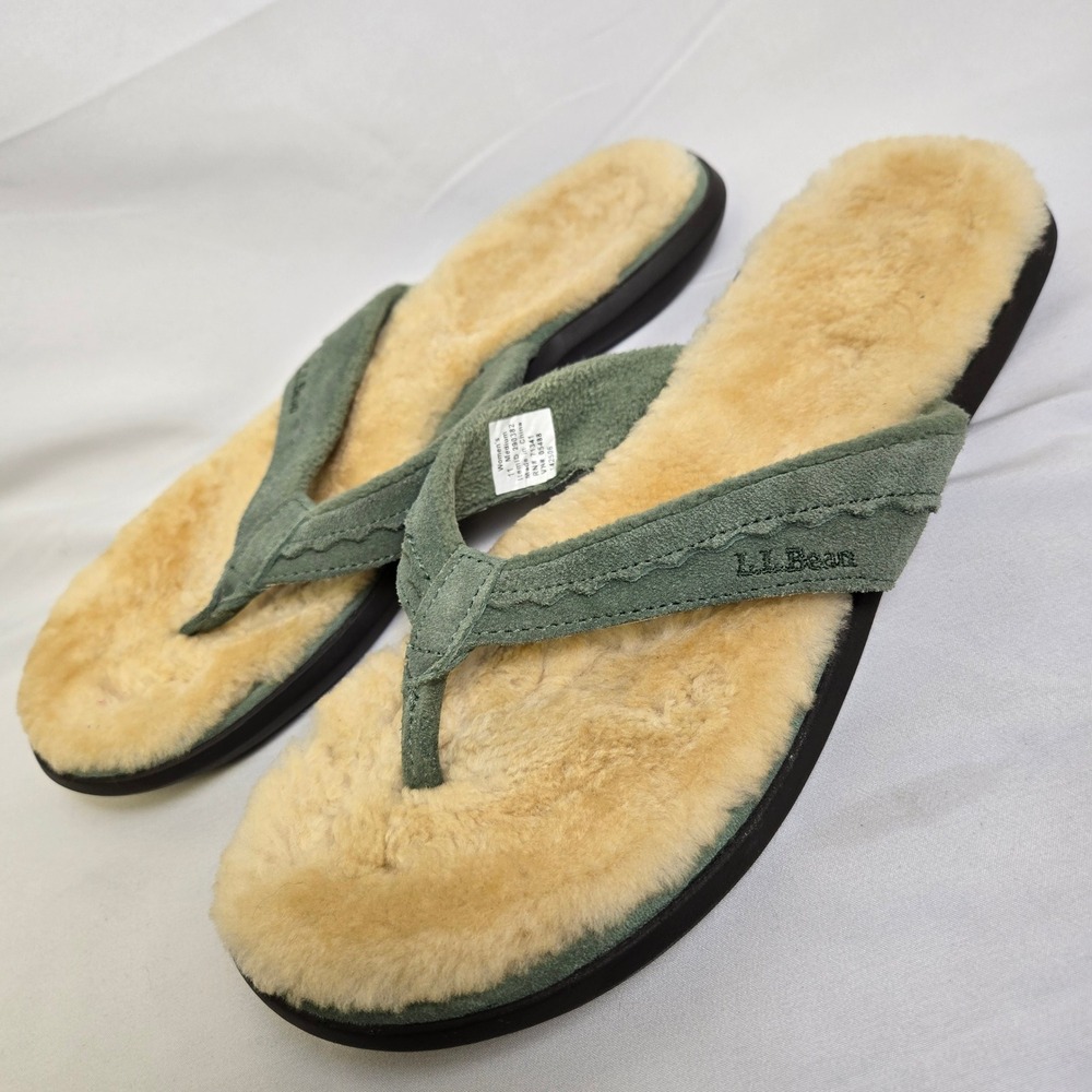 L.L. Bean Wicked Good Shearling Lined Flip Flops Green Tan 290382 Size 11 Medium - Picture 7 of 11